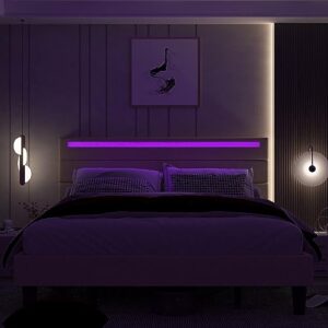 Kallabe Bed Frame Full Size with Headboard, Upholstered Platform Bed Frame Queen with LED Lights and USB Ports, Linen Fabric Beds with Wooden Slats, No Box Spring Needed, Beige