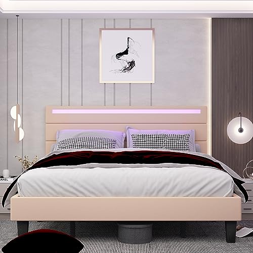 Kallabe Bed Frame Full Size with Headboard, Upholstered Platform Bed Frame Queen with LED Lights and USB Ports, Linen Fabric Beds with Wooden Slats, No Box Spring Needed, Beige