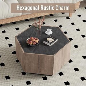 WESOME Farmhouse Coffee Table with Storage for Living Room Furniture - Modern Light Oak Grey Hexagonal End Tables