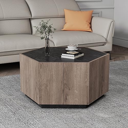 WESOME Farmhouse Coffee Table with Storage for Living Room Furniture - Modern Light Oak Grey Hexagonal End Tables