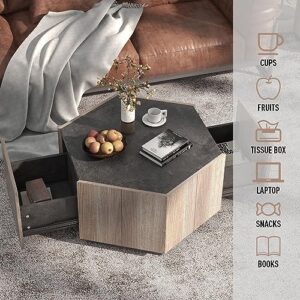 WESOME Farmhouse Coffee Table with Storage for Living Room Furniture - Modern Light Oak Grey Hexagonal End Tables