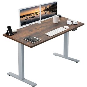 vivo electric height adjustable 55 x 24 inch memory stand up desk, rustic vintage brown solid one-piece square corner table top, gray frame, standing workstation, 1b-s series, desk-kit-1g55s-n