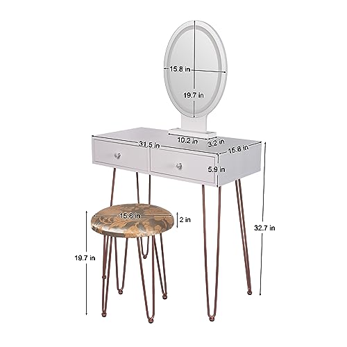 Kindmin Makeup Vanity Table Set with 3 Modes Adjustable Lighted Mirror Cushioned Stool, Dressing Table for Small Space