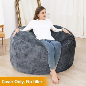 Bean Bag Chair Cover (No Filler), Big Round Soft Fluffy Faux Fur Beanbag Lazy Sofa Bed Cover, Adult Beanbag Chair Outside Cover, Grey, 4FT