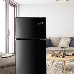 KRIB BLING Refrigerator 3.5 Cu.Ft with Freezer,Vintage Double Door,Lock Fresh,7 Level Adjustable Thermostat ct for Dorm, Bar, Office,Kitchen, Apartment，Black