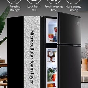 KRIB BLING Refrigerator 3.5 Cu.Ft with Freezer,Vintage Double Door,Lock Fresh,7 Level Adjustable Thermostat ct for Dorm, Bar, Office,Kitchen, Apartment，Black