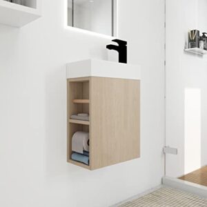 szubee 16" bathroom cabinet vanity with ceramic basin and soft close doors, plain light oak