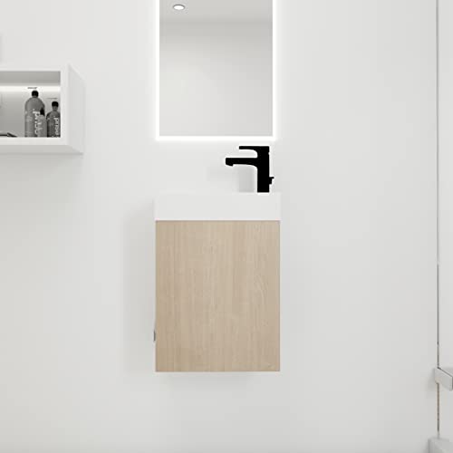 SZUBEE 16" Bathroom Cabinet Vanity with Ceramic Basin and Soft Close Doors, Plain Light Oak