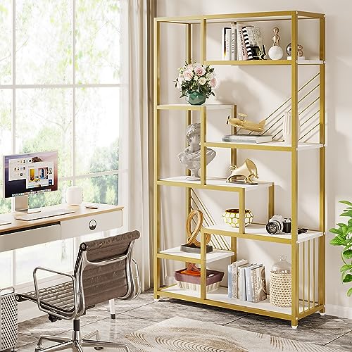 Tribesigns 70.9 Inches Tall Bookshelf, White and Gold Bookcase, Modern Display Shelf with Faux Marble Shelves, 8-Tier Staggered Bookshelf Decorative Shelf for Living Room, Office