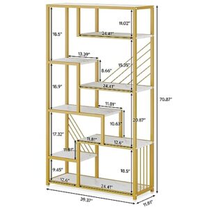 Tribesigns 70.9 Inches Tall Bookshelf, White and Gold Bookcase, Modern Display Shelf with Faux Marble Shelves, 8-Tier Staggered Bookshelf Decorative Shelf for Living Room, Office