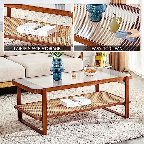 45.28" Walnut Wood Coffee Table with Craft Glass Top, Mid-Century Modern Rattan Coffee Table 2-Tier Glass Coffee Table with Storage for Living Room, Dining Room,Bedroom