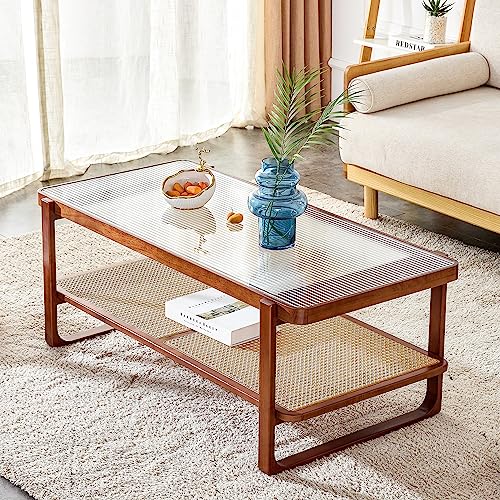 45.28" Walnut Wood Coffee Table with Craft Glass Top, Mid-Century Modern Rattan Coffee Table 2-Tier Glass Coffee Table with Storage for Living Room, Dining Room,Bedroom
