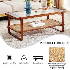 45.28" Walnut Wood Coffee Table with Craft Glass Top, Mid-Century Modern Rattan Coffee Table 2-Tier Glass Coffee Table with Storage for Living Room, Dining Room,Bedroom