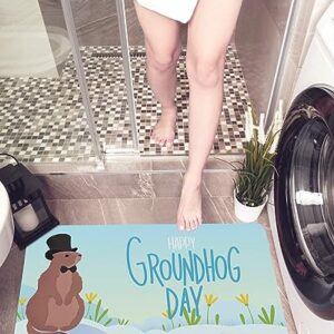Groundhog Day Bath Mat for Tub,Non Slip Bathroom Floor Runner Rug Quick Dry & Absorbent Diatomaceous Earth Shower Sink Kitchen Living Room Washable Doormat,Spring Blue Forest Green Grass 16"x24"