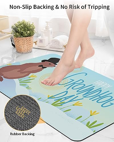Groundhog Day Bath Mat for Tub,Non Slip Bathroom Floor Runner Rug Quick Dry & Absorbent Diatomaceous Earth Shower Sink Kitchen Living Room Washable Doormat,Spring Blue Forest Green Grass 16"x24"