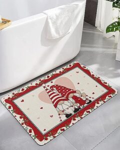 valentine's gnomes bath mat for tub,non slip bathroom floor runner rug quick dry & absorbent diatomaceous earth kitchen room shower sink washable doormat,saint love heart red rose floral 16"x24"