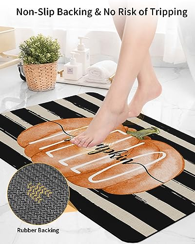 Stripes Pumpkins Bath Mat for Tub,Non Slip Bathroom Floor Runner Rug Quick Dry & Absorbent Diatomaceous Earth Kitchen Room Shower Sink Washable Doormat,Thanksgiving Fall Black White Geometry 16"x24"