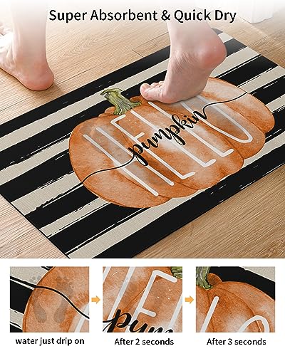 Stripes Pumpkins Bath Mat for Tub,Non Slip Bathroom Floor Runner Rug Quick Dry & Absorbent Diatomaceous Earth Kitchen Room Shower Sink Washable Doormat,Thanksgiving Fall Black White Geometry 16"x24"