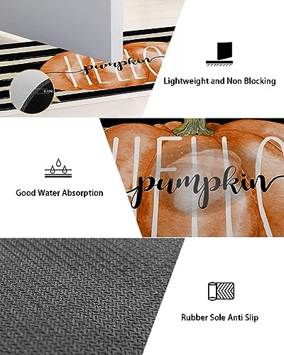 Stripes Pumpkins Bath Mat for Tub,Non Slip Bathroom Floor Runner Rug Quick Dry & Absorbent Diatomaceous Earth Kitchen Room Shower Sink Washable Doormat,Thanksgiving Fall Black White Geometry 16"x24"