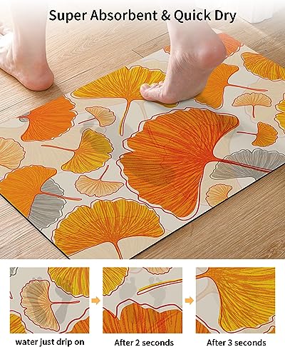 Fall Leaves Bath Mat for Tub,Non Slip Bathroom Floor Runner Rug Quick Dry & Absorbent Diatomaceous Earth Kitchen Room Shower Sink Washable Doormat,Retro Middle Century Orange Yellow Leaf 18"x30"