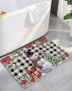 christmas snowman bath mat for tub,non slip bathroom floor runner rug quick dry & absorbent diatomaceous earth shower sink washable doormat,black grey farmhouse plaid poinsettia eucalyptus 16"x24"
