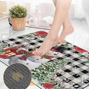 Christmas Snowman Bath Mat for Tub,Non Slip Bathroom Floor Runner Rug Quick Dry & Absorbent Diatomaceous Earth Shower Sink Washable Doormat,Black Grey Farmhouse Plaid Poinsettia Eucalyptus 16"x24"