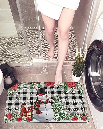 Christmas Snowman Bath Mat for Tub,Non Slip Bathroom Floor Runner Rug Quick Dry & Absorbent Diatomaceous Earth Shower Sink Washable Doormat,Black Grey Farmhouse Plaid Poinsettia Eucalyptus 16"x24"