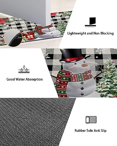 Christmas Snowman Bath Mat for Tub,Non Slip Bathroom Floor Runner Rug Quick Dry & Absorbent Diatomaceous Earth Shower Sink Washable Doormat,Black Grey Farmhouse Plaid Poinsettia Eucalyptus 16"x24"