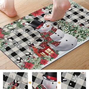 Christmas Snowman Bath Mat for Tub,Non Slip Bathroom Floor Runner Rug Quick Dry & Absorbent Diatomaceous Earth Shower Sink Washable Doormat,Black Grey Farmhouse Plaid Poinsettia Eucalyptus 16"x24"