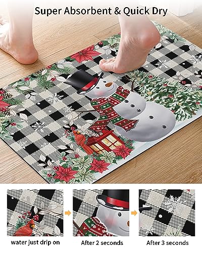 Christmas Snowman Bath Mat for Tub,Non Slip Bathroom Floor Runner Rug Quick Dry & Absorbent Diatomaceous Earth Shower Sink Washable Doormat,Black Grey Farmhouse Plaid Poinsettia Eucalyptus 16"x24"