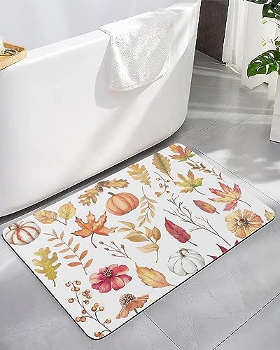 Pumpkin Leaves Bath Mat for Tub,Non Slip Bathroom Floor Runner Rug Quick Dry & Absorbent Diatomaceous Earth Shower Sink Kitchen Living Room Washable Doormat,Retro Fall Wildflower Plant Leaves 16"x24"