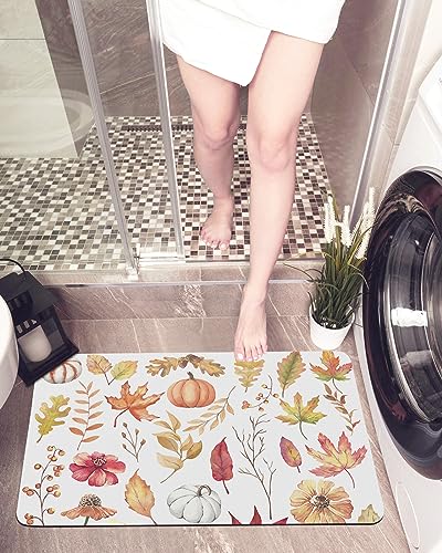 Pumpkin Leaves Bath Mat for Tub,Non Slip Bathroom Floor Runner Rug Quick Dry & Absorbent Diatomaceous Earth Shower Sink Kitchen Living Room Washable Doormat,Retro Fall Wildflower Plant Leaves 16"x24"