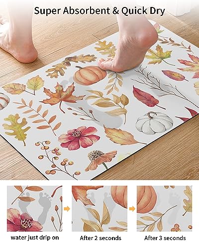 Pumpkin Leaves Bath Mat for Tub,Non Slip Bathroom Floor Runner Rug Quick Dry & Absorbent Diatomaceous Earth Shower Sink Kitchen Living Room Washable Doormat,Retro Fall Wildflower Plant Leaves 16"x24"