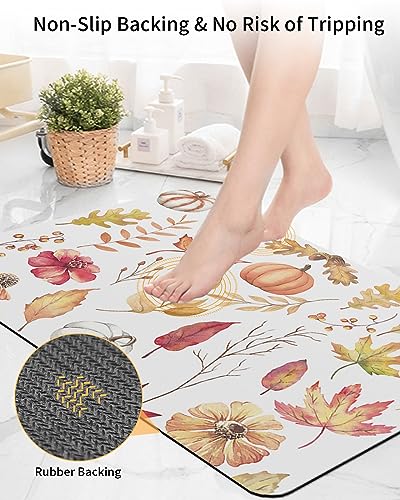 Pumpkin Leaves Bath Mat for Tub,Non Slip Bathroom Floor Runner Rug Quick Dry & Absorbent Diatomaceous Earth Shower Sink Kitchen Living Room Washable Doormat,Retro Fall Wildflower Plant Leaves 16"x24"