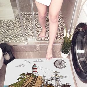 Light-house Bath Mat for Tub,Non Slip Bathroom Floor Runner Rug Quick Dry & Absorbent Diatomaceous Earth Shower Sink Kitchen Living Room Washable Doormat,Retro Sailboat Ocean Coastal Nautical 16"x24"