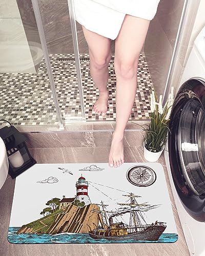 Light-house Bath Mat for Tub,Non Slip Bathroom Floor Runner Rug Quick Dry & Absorbent Diatomaceous Earth Shower Sink Kitchen Living Room Washable Doormat,Retro Sailboat Ocean Coastal Nautical 16"x24"