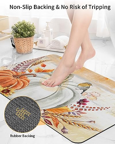 Thanksgiving Bath Mat for Tub,Non Slip Bathroom Floor Runner Rug Quick Dry & Absorbent Diatomaceous Earth Kitchen Shower Sink Washable Doormat,Fall Pumpkins Autumn Fall Leaves Oil Painting 16"x24"
