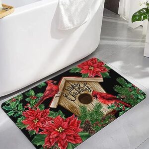 Christmas Bath Mat for Tub,Non Slip Bathroom Floor Runner Rug Quick Dry & Absorbent Diatomaceous Earth Shower Sink Kitchen Living Room Washable Doormat,Xmas Red Poinsettia Green Pine Tree 16"x24"