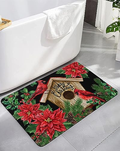 Christmas Bath Mat for Tub,Non Slip Bathroom Floor Runner Rug Quick Dry & Absorbent Diatomaceous Earth Shower Sink Kitchen Living Room Washable Doormat,Xmas Red Poinsettia Green Pine Tree 16"x24"