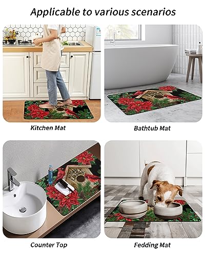 Christmas Bath Mat for Tub,Non Slip Bathroom Floor Runner Rug Quick Dry & Absorbent Diatomaceous Earth Shower Sink Kitchen Living Room Washable Doormat,Xmas Red Poinsettia Green Pine Tree 16"x24"