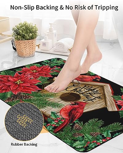 Christmas Bath Mat for Tub,Non Slip Bathroom Floor Runner Rug Quick Dry & Absorbent Diatomaceous Earth Shower Sink Kitchen Living Room Washable Doormat,Xmas Red Poinsettia Green Pine Tree 16"x24"