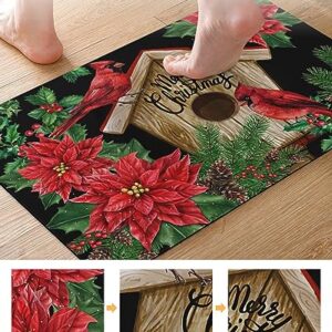 Christmas Bath Mat for Tub,Non Slip Bathroom Floor Runner Rug Quick Dry & Absorbent Diatomaceous Earth Shower Sink Kitchen Living Room Washable Doormat,Xmas Red Poinsettia Green Pine Tree 16"x24"