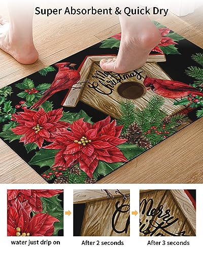 Christmas Bath Mat for Tub,Non Slip Bathroom Floor Runner Rug Quick Dry & Absorbent Diatomaceous Earth Shower Sink Kitchen Living Room Washable Doormat,Xmas Red Poinsettia Green Pine Tree 16"x24"