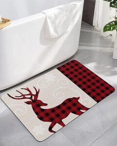 christmas reindeer bath mat for tub,non slip bathroom floor runner rug quick dry & absorbent diatomaceous earth kitchen shower sink washable doormat,red black buffalo plaid checkered snowflake 16"x24"