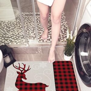 Christmas Reindeer Bath Mat for Tub,Non Slip Bathroom Floor Runner Rug Quick Dry & Absorbent Diatomaceous Earth Kitchen Shower Sink Washable Doormat,Red Black Buffalo Plaid Checkered Snowflake 16"x24"