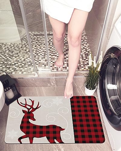 Christmas Reindeer Bath Mat for Tub,Non Slip Bathroom Floor Runner Rug Quick Dry & Absorbent Diatomaceous Earth Kitchen Shower Sink Washable Doormat,Red Black Buffalo Plaid Checkered Snowflake 16"x24"