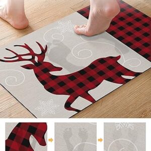 Christmas Reindeer Bath Mat for Tub,Non Slip Bathroom Floor Runner Rug Quick Dry & Absorbent Diatomaceous Earth Kitchen Shower Sink Washable Doormat,Red Black Buffalo Plaid Checkered Snowflake 16"x24"