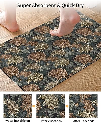 Dahlia Flower Bath Mat for Tub,Non Slip Bathroom Floor Runner Rug Quick Dry & Absorbent Diatomaceous Earth Kitchen Room Shower Sink Washable Doormat,Country Farmhouse Chrysanthemum Floral 16"x24"