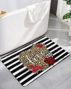 leopard rose love bath mat for tub,non slip bathroom floor runner rug quick dry & absorbent diatomaceous earth kitchen shower sink washable doormat,valentine's vintage geometry stripes plaid 16"x24"