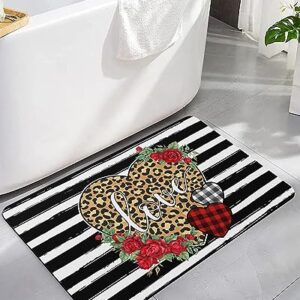 Leopard Rose Love Bath Mat for Tub,Non Slip Bathroom Floor Runner Rug Quick Dry & Absorbent Diatomaceous Earth Kitchen Shower Sink Washable Doormat,Valentine's Vintage Geometry Stripes Plaid 16"x24"